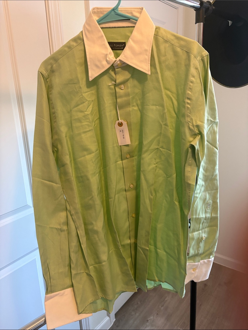 Men's Green Dress Shirt with White Contrast Collar and Cuffs